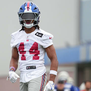 Jul 25, 2024; East Rutherford, NY, USA; New York Giants cornerback Nick McCloud (44) participates in a drill during training camp at Quest Diagnostics Training Center.  