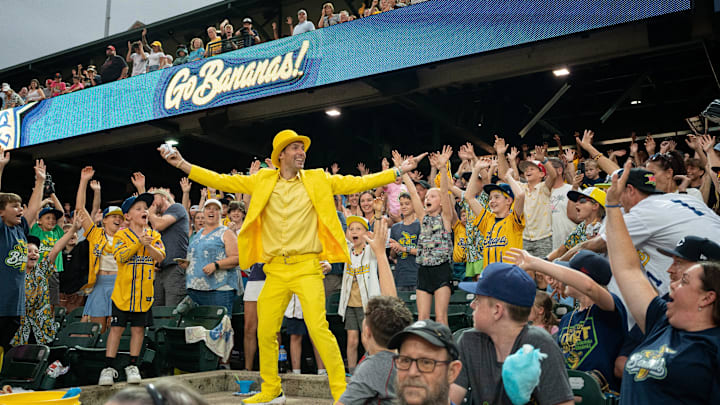 Savannah Bananas owner Jesse Cole hypes up the crowd during the t-shirt toss during their game against the Party Animals on Thursday, Aug. 1, 2024 for their first game of the series at Louisville Slugger Field in Louisville, Ky. Savannah Bananas owner Jesse Cole hypes up the crowd during the t-shirt toss during their game against the Party Animals on Thursday, Aug. 1, 2024 for their first game of the series at Louisville Slugger Field in Louisville, Ky.