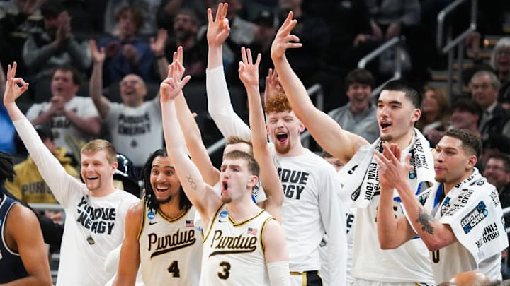 Purdue Boilermakers celebrate after scoring during the second round of the NCAA Men’s Basketball Tournament