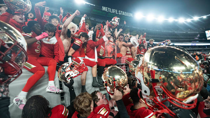 Nov 29, 2024; East Rutherford, NJ, USA; Bergen Catholic vs. Don Bosco in the NJSIAA Non-Public A football final at MetLife Stadium. Bergen Catholic celebrates defeating Don Bosco.
