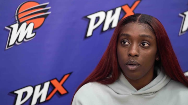 Kahleah Copper speaks to members of the media at Player 15 HQ in Phoenix on Sept. 26, 2024.