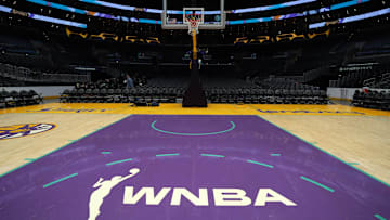  The WNBA logo on the court at Crypto.com.