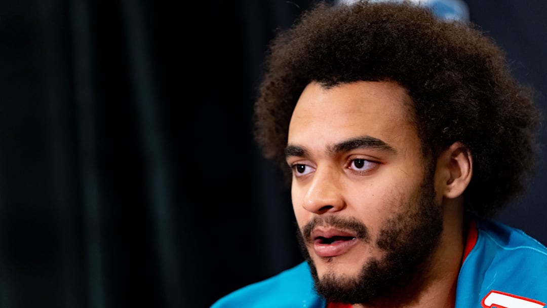 New Mexico Lobos defensive end Keyshawn James-Newby speaks to members of the press during a Rate Bowl media day at JW Marriott Camelback Inn in Scottsdale on Dec. 24, 2025. New Mexico Lobos defensive end Keyshawn James-Newby speaks to members of the press during a Rate Bowl media day at JW Marriott Camelback Inn in Scottsdale on Dec. 24, 2025.