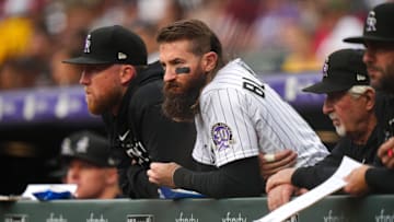 Jun 9, 2023; Denver, Colorado, USA; Colorado Rockies designated hitter Charlie Blackmon (19) watches