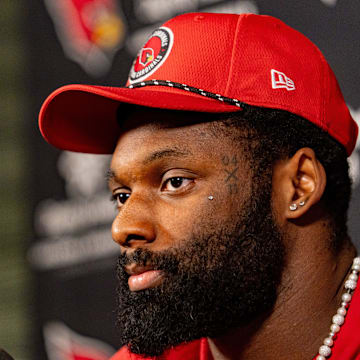 Josh Sweat speaks to members of the media at the Arizona Cardinals Training Center in Tempe on March 13, 2025.