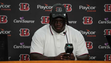 Amarius Mims joins the Bengals, speaking at a press conference at Paycor Stadium on Friday April 26, 2024.