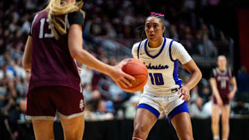 Johnston's Jenica Lewis (10) defends Dowling Catholic's Ava Zediker (13) as she walks the ball down the court on Friday, March 7, 2025, at Wells Fargo Arena.