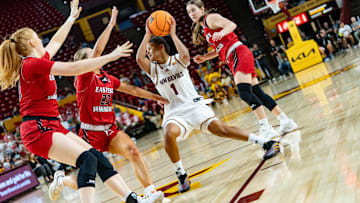The Eastern Washington Eagles attempt to block Arizona State Sun Devils Amaya Williams (1) as she attempts to pass the ball during a game at Desert Financial Arena in Tempe, on Nov. 8, 2025.
