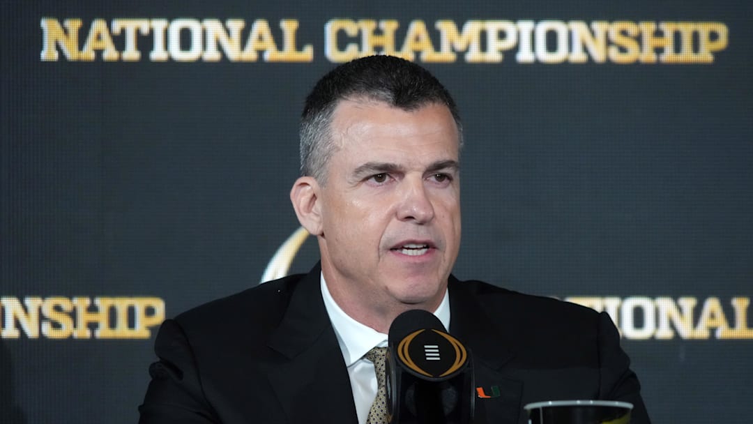 Jan 18, 2026; Miami, FL, USA; Miami Hurricanes coach Mario Cristobal at the CFP head coaches press conference at JW Marriott Marquis Miami. Mandatory Credit: Kirby Lee-Imagn Images
