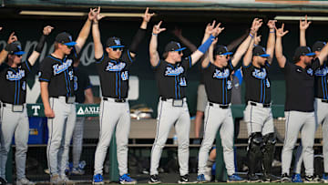 The Kentucky baseball team celebrates a home run during a NCAA baseball game between Tennessee and Kentucky at Lindsey Nelson Stadium in Knoxville, Tenn., on April 18, 2025.