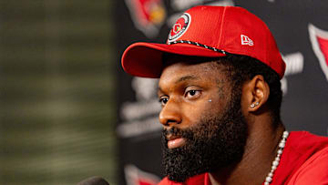 Josh Sweat speaks to members of the media at the Arizona Cardinals Training Center