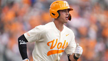 Tennessee infielder Dean Curley (1) runs towards first base during a NCAA baseball game between the Tennessee Volunteers and Florida Gators at Lindsey Nelson Stadium in Knoxville, Tenn., on Sunday, March 16, 2025.