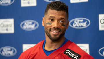 New York Giants quarterback Russell Wilson (3) speaks during a press conference during day one of the New York Giants training camp at Quest Diagnostics Giants Training Center in East Rutherford on Wednesday, July 23, 2025.