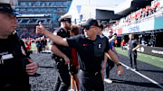 Cincinnati Bearcats head coach Scott Satterfield gestures after the NCAA football game between the Cincinnati Bearcats and Iowa State Cyclones at Nippert Stadium in Cincinnati on Oct. 4, 2025. Cincinnati Bearcats defeated Iowa State Cyclones 38-30.