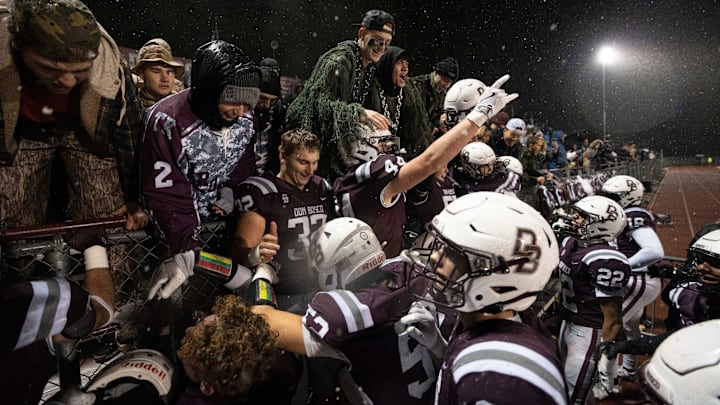Nov 22, 2024; Ramsey, NJ, USA; St. Augustine Prep at Don Bosco Prep in the NJSIAA Non-Public A football semifinals. Don Bosco celebrates defeating St. Augustine.