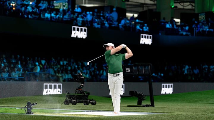 Rory McIlroy of Boston Common tees off during TGL match against Jupiter Links GC