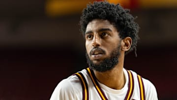 Arizona State Sun Devils Moe Odum (5) looks at the net before taking a shot during a game against the Southern Utah Thunderbirds at Desert Financial Arena in Tempe on Nov. 4, 2025.