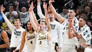 Purdue Boilermakers celebrate after scoring, Sunday, March 24, 2024, during the second round of the NCAA Men’s Basketball Tournament at Gainbridge Fieldhouse in Indianapolis. The Purdue Boilermakers defeated the Utah State Aggies 106-67.