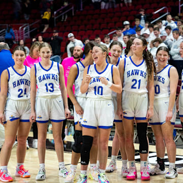 The Remsen girls basketball team advance to the semi final round after defeating Martensdale St. Marys' Wednesday, Feb. 28, 2024, at Wells Fargo Arena.