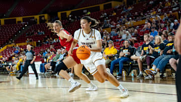 Arizona State Sun Devils McKinna Brackens (21) runs with the ball during a game against the Eastern Washington Eagles at Desert Financial Arena in Tempe, on Nov. 8, 2025.