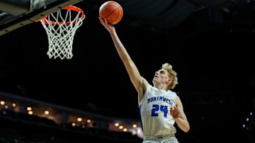Waukee Northwest's Colin Rice (24) scores off a layup against Cedar Rapids Kennedy on Monday, March 10, 2025, at Wells Fargo Arena in Des Moines.