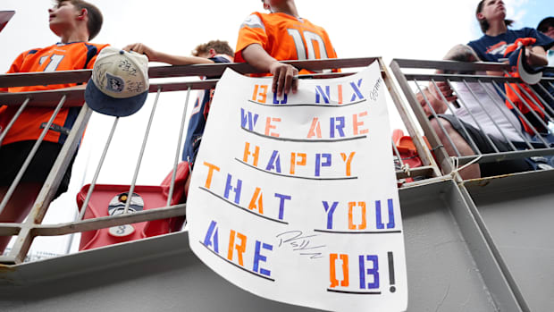 Aug 18, 2024; Denver, Colorado, USA; Denver Broncos fans await quarter back Bo Nix (10) (not pictured) before the preseason g