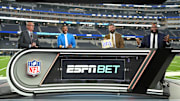 Nov 25, 2024; Inglewood, California, USA; From left: Scott Van Pelt, Ryan Clark, Jason Kelce and Marcus Spears on the ESPN Monday Night Football Countdown set at SoFi Stadium. Mandatory Credit: Kirby Lee-Imagn Images