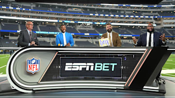 Nov 25, 2024; Inglewood, California, USA; From left: Scott Van Pelt, Ryan Clark, Jason Kelce and Marcus Spears on the ESPN Monday Night Football Countdown set at SoFi Stadium. Mandatory Credit: Kirby Lee-Imagn Images
