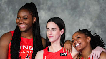 Indiana Fever's Aliyah Boston (7), Caitlin Clark (22) and Kelsey Mitchell (0) take a phot before the 2025 WNBA All-Star Game on Saturday, July 19, 2025, at Gainbridge Fieldhouse in Indianapolis.