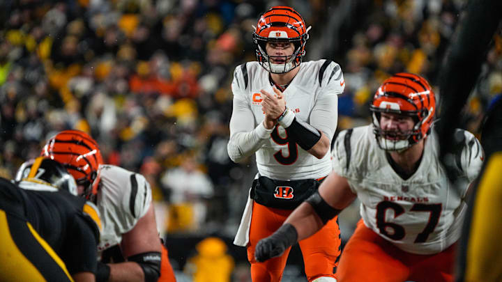 Bengals Joe Burrow (9) gets ready for a play during their game against the Steelers at Acrisure Stadium on Saturday January 4, 2025. The Bengals won the game with a final score of 19-17.