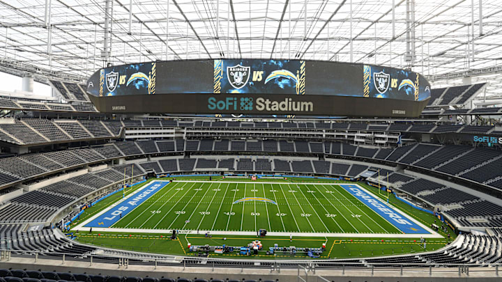 Sep 8, 2024; Inglewood, California, USA; A general overall view of an empty SoFi Stadium before the game between the Los Angeles Chargers and the Las Vegas Raiders. Mandatory Credit: Kirby Lee-Imagn Images