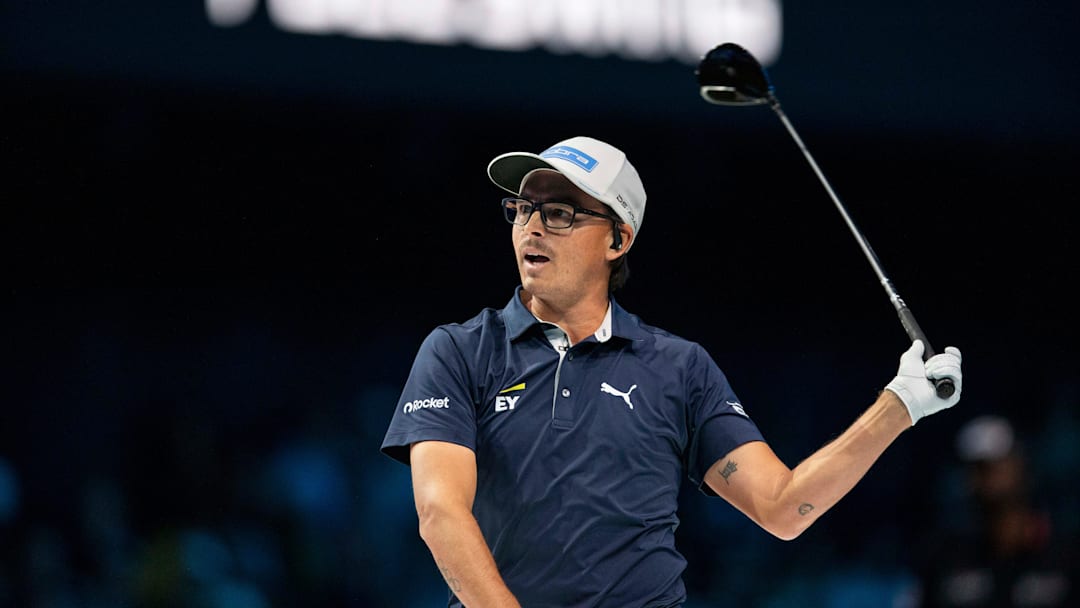 Rickie Fowler of New York Golf Club tees off against Los Angeles Golf Club during the TGL semifinal match at SoFi Center on March 17, 2025, in Palm Beach Gardens, Florida.