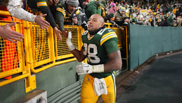 Green Bay Packers running back AJ Dillon (28) makes a victory lap after their game Sunday, Dec. 3, 2023, at Lambeau Field in Green Bay, Wisconsin. The Green Bay Packers beat the Kansas City Chiefs, 27-19.