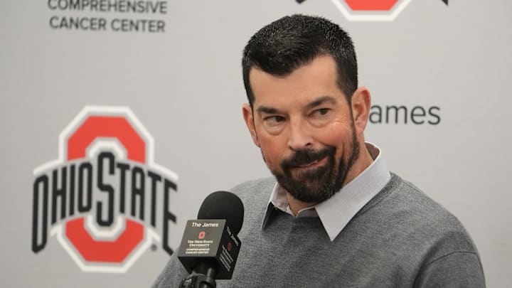 Ohio State University football coach Ryan Day talks with the media Wednesday, December 4, 2024 after the devastating loss to Michigan for the fourth straight year. The news conference was held in the Woody Hayes Athletic Center football team meeting room in Columbus.