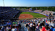 Fans watch the Women's College World Series softball game between the Tennessee Volunteers and the UCLA Bruins at Devon Park in Oklahoma City, Sunday, June, 1, 2025.