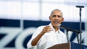 Former President Barack Obama campaigns for Harris/Walz at the Cole and Jeannie Davis Sports Center on Oct. 18, 2024, in Tucson.