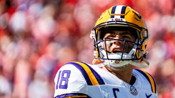 LSU quarterback Garrett Nussmeier (18) looks into the stands after failing to get a first down during a college football game between Ole Miss and LSU at Vaught-Hemingway Stadium in Oxford, Miss., on Saturday, Sept. 27, 2025.
