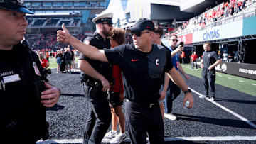 Cincinnati Bearcats head coach Scott Satterfield gestures after the NCAA football game between the Cincinnati Bearcats and Iowa State Cyclones at Nippert Stadium in Cincinnati on Oct. 4, 2025. Cincinnati Bearcats defeated Iowa State Cyclones 38-30.