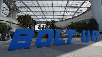 The Los Angeles Chargers Bolt Up logo at SoFi Stadium.