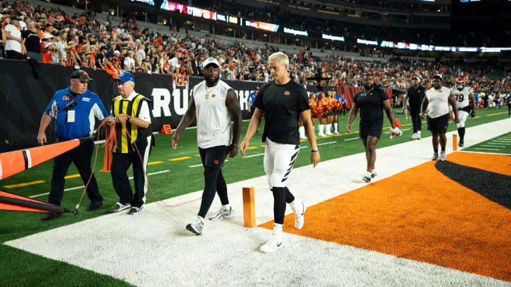 Cincinnati Bengals quarterback Joe Burrow (9) walks off the field after the NFL preseason game against Tampa Bay Buccaneers at Paycor Stadium in Cincinnati on Saturday, August 10, 2024.