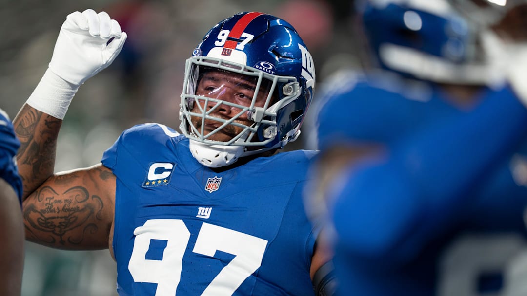 New York Giants defensive tackle Dexter Lawrence (97) gestures during a Thursday Night Football game between the New York Giants and the Philadelphia Eagles at MetLife Stadium in East Rutherford on Oct. 9, 2025.