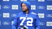 Jul 25, 2024; East Rutherford, NY, USA; New York Giants offensive guard Jermaine Eluemunor (72) gives an interview after training camp at Quest Diagnostics Training Center.  
