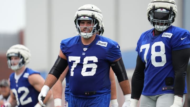 Jul 25, 2024; East Rutherford, NY, USA; New York Giants offensive guard Jon Runyan (76) participates in a drill during training camp at Quest Diagnostics Training Center.  