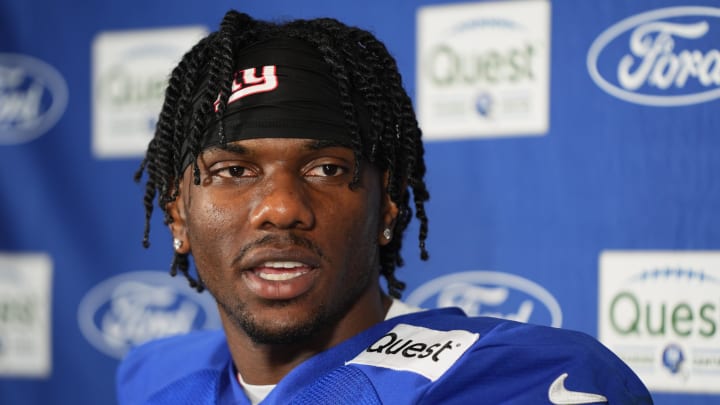 Jul 26, 2024; East Rutherford, NJ, USA; New York Giants wide receiver Malik Nabers (9) speaks at a press conference after training camp at Quest Diagnostics Training Center.  