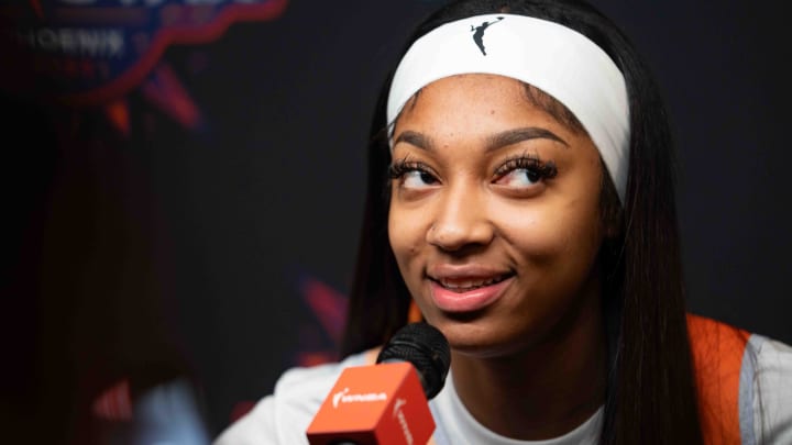 Jul 19, 2024: Angel Reese speaks to members of the media during the WNBA All-Star media day at Footprint Center in Phoenix.