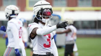 Jul 25, 2024; East Rutherford, NY, USA; New York Giants cornerback Deonte Banks (3) reacts during training camp at Quest Diagnostics Training Center. Mandatory Credit: Lucas Boland-USA TODAY Sports