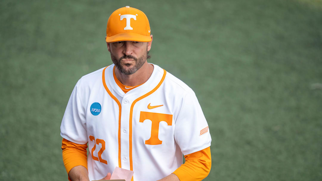 Tennessee baseball coach Tony Vitello goes to the dugout after the officials meeting for the NCAA college baseball Knoxville Regional final against Wake Forest on June 2, 2025, in Knoxville, Tenn. Tennessee baseball coach Tony Vitello goes to the dugout after the officials meeting for the NCAA college baseball Knoxville Regional final against Wake Forest on June 2, 2025, in Knoxville, Tenn.