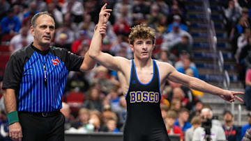 Don Bosco's Dawson Youngblut wins over Alburnett's Preston Klostermann at 138 lbs during the Class 1A state wrestling final on Saturday, Feb. 22, 2025, at Wells Fargo Arena in Des Moines.