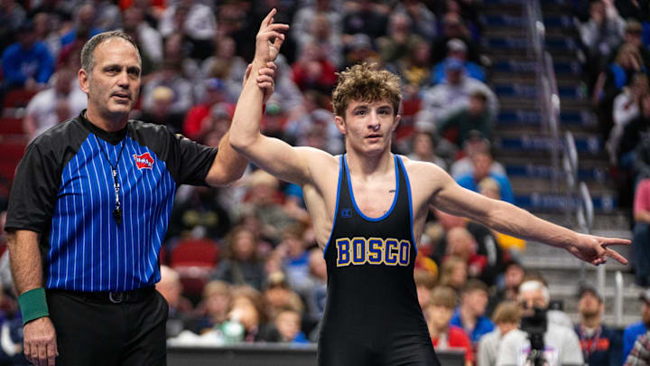 Don Bosco's Dawson Youngblut wins over Alburnett's Preston Klostermann at 138 lbs during the Class 1A state wrestling final on Saturday, Feb. 22, 2025, at Wells Fargo Arena in Des Moines.