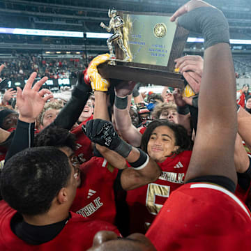 Nov 29, 2024; East Rutherford, NJ, USA; Bergen Catholic vs. Don Bosco in the NJSIAA Non-Public A football final at MetLife Stadium. Bergen Catholic celebrates defeating Don Bosco.
